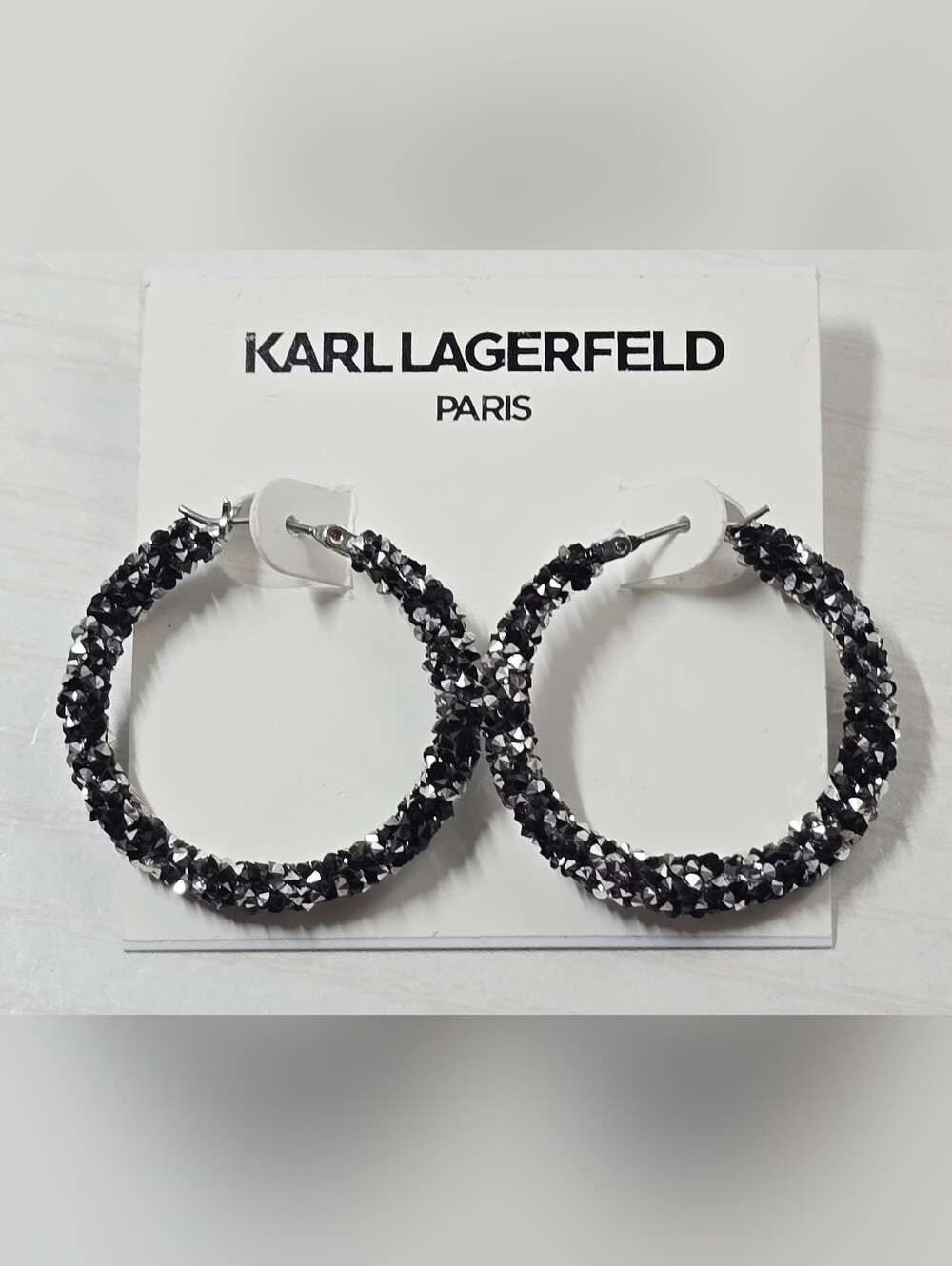 Karl Lagerfeld Black and Silver Crystal Hoop Earrings